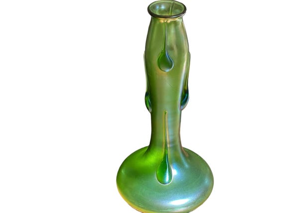 Eight Inch Antique Tiffany Studio Vase Favrile Art Glass  Iridescent Ribbed Body Family Heirloom Gift for Collector Circa 1910