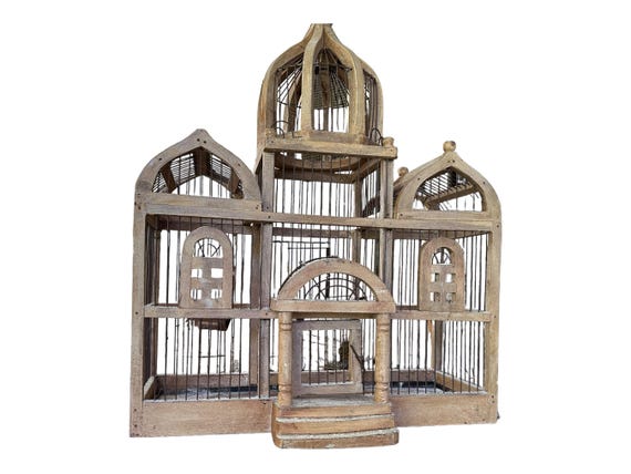 Antique Natural Wood Framed Bird Cage, Indoor Atrium w  Timeless Quality, Cottage Style, Farmhouse Theme, Gift for Bird Lover, Circa 1900s