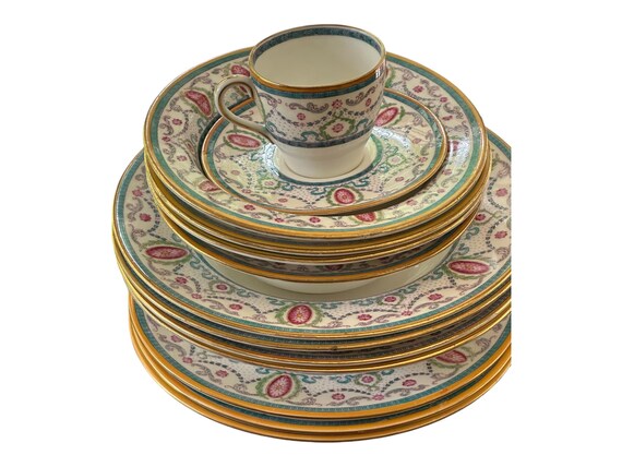 13Pc Antique Royal Doulton Dinnerware Set, Periwinkle Blue, Pink Medallions, Neoclassical ,Dessert Plates Soup Plates, Teacup, Circa 1915