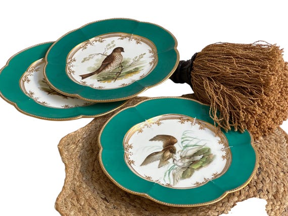 Three Fall Green English Cabinet Plates Hand Painted Birds Gilded Scalloped Rims Family Heirloom Christmas Gift for Collector