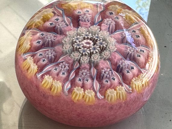 Vintage Perthshire Crieff Scotland Pink Millefiori Designed Paperweight with Original Label