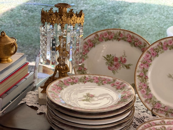 Limoges French Dinner Set Wedding Antique China Pink Roses, Gilded Trim