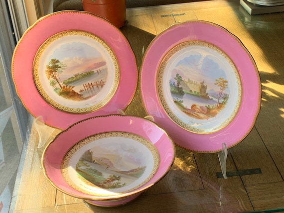 Antique Pink English Dessert Set For Two  Scalloped Edge, Circa 1800s