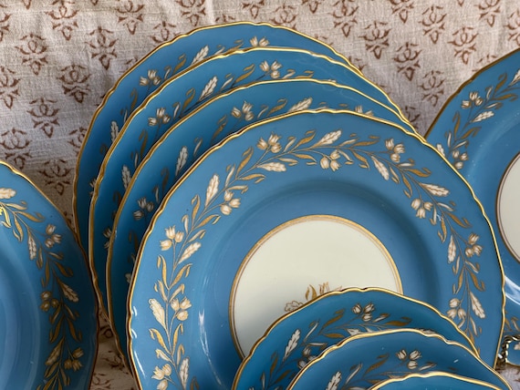 Vintage Royal Worcester Ceres Blue Dinnerware Set: Gold Floral Scalloped Rim Heirloom Collection (1940s)