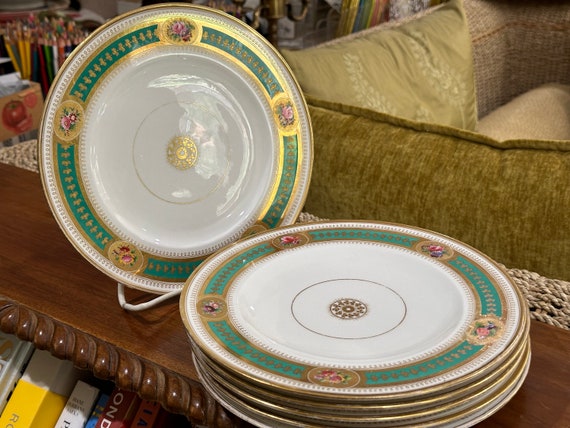 Rare 1850s Minton 8pc Dessert Set: Rich Green with HandPainted Gilded Floral Medallions and