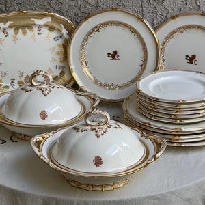 Antique Davenport China Dinnerware Set: Louis XVI Gold Ribbon, 17-Piece