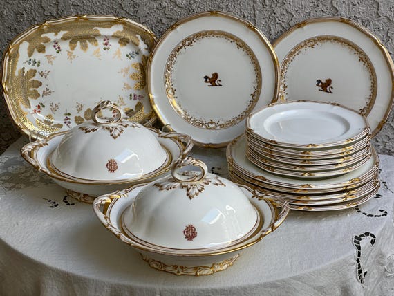 Rare Antique Davenport China Set: Louis XVI Gold Ribbon Motif Creamy White Heirloom for Wedding Gift