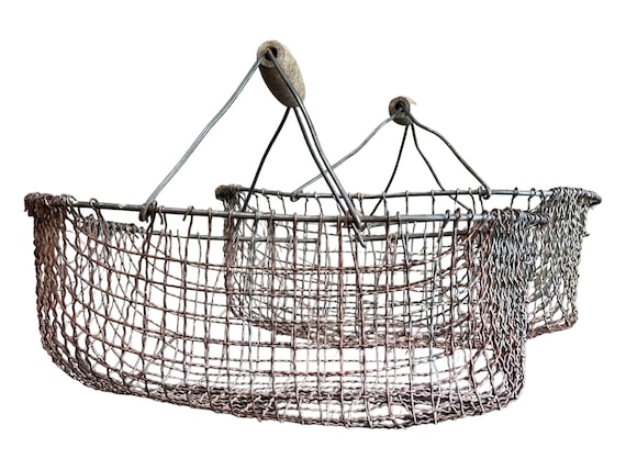 Antique French Farmhouse Wire Basket with Wood Handle- Versatile Decor for Vegetables or Eggs
