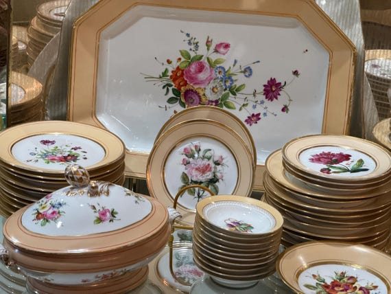 Antique Old Paris China Dessert Set, Peach Border, Botanical Decor (39 Pieces)