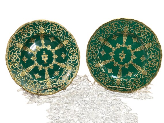 Pair 1920 Antique Royal Worcester Dinner Plates with Gold Encrusted Overlay Design