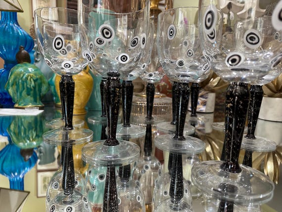 Vintage Millefiori Hand Blown Black & White Wine Glass Set: Heirloom Collection for 12