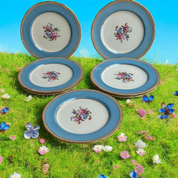 Antique Paragon Botanical Dinner Plates Set: Hand-Painted Floral Sky Blue Border Scalloped Edge 1910s