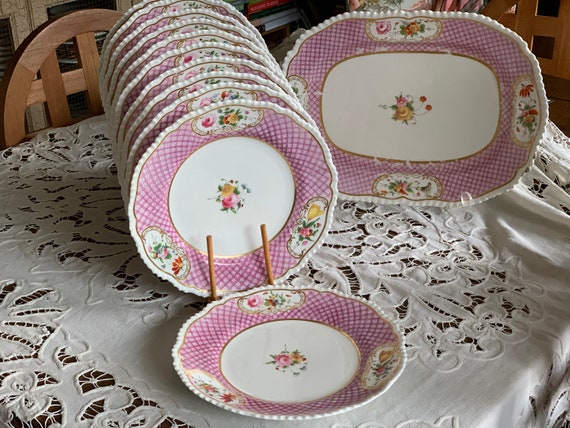 Antique Coalport Dinner Set: 11 Pink Latticed Plates Hand Painted Florals Gadrooned Rims Serving Platter   1815 1825