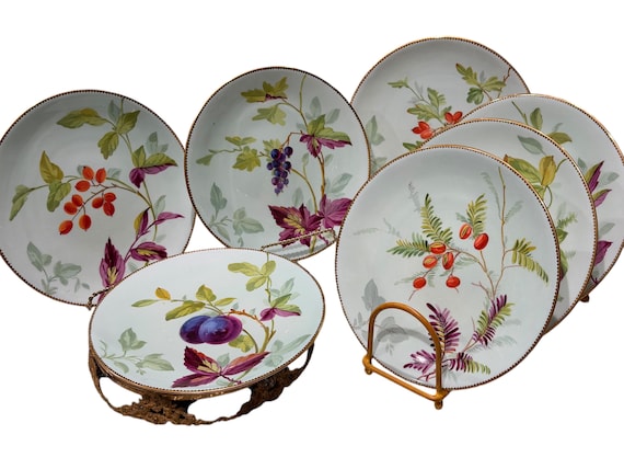 Antique English China Tea Set: Hand-Painted Florals, Bees, Pale Green, 20pc