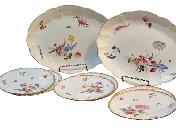 Vintage 8pc English Dessert Set: Coalport Platters & French Plates with Hand Painted Florals and Gilded Rims