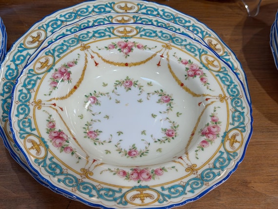 1933 Royal Worcester Turquoise and Yellow China Set with Pink Roses