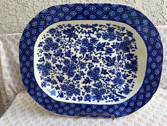Antique Ridgway Chinoiserie Meat Platter: 19th Century Blue and White Elegant Serving Dish