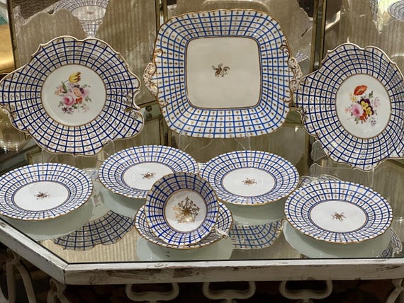 1820 English Blue  Dessert Set: w Unique Plaid Border