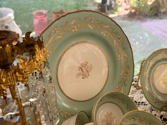 Mint Green Royal Worcester Dinnerware Set with Gold And White Florals 53 pc
