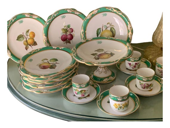 Rare Antique Green Davenport Botanical Monogrammed China Set Hand Painted Fruit Gilded Rounded Scalloped Rim China Set Family Heirloom