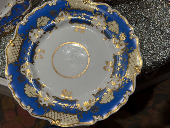 Antique English Dinner Plates: Blue Gilded Porcelain, Scalloped Rims (10+ Inches)