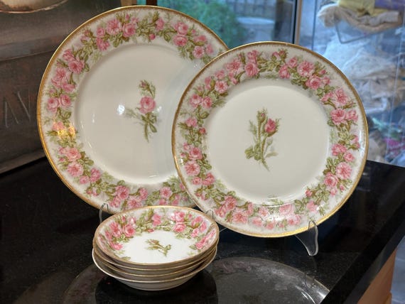 Vintage Limoges French Dinner Set Pink Roses, Gilded Trim
