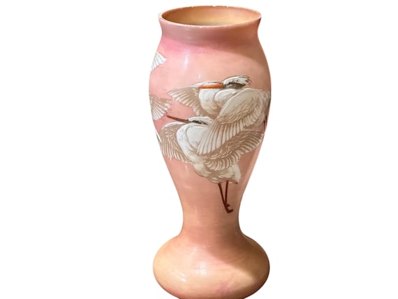 10 Inch Antique Pink Enameled Vase w Three Embossed Stork Like Birds In Flight, Mothers Day Gift, Art Glass, Cabinet Display, Circa 1890s