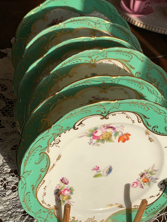 Antique Green English Botanical Dessert Set  Hand Painted Nosegays,Heirloom Quality, Circa 1800s