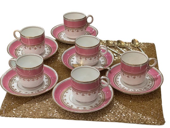 Antique Pompadour Pink Demitasse Tea Service for 6 w White Jeweling Gilded Rims Heirloom Quality Gift forPastry Chef  19th Century