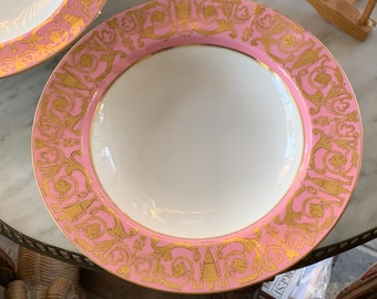 Rare Antique China Set, 12 Minton Soup Plates, Pink Border With Embossed Neoclassic Gilt Embellishments, Circa 19th Century