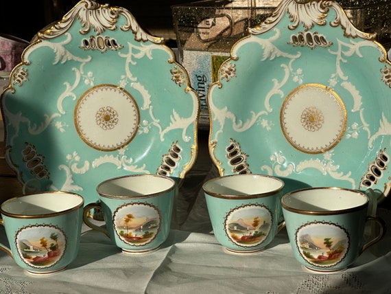 Vintage Davenport Aqua China Dessert Set: 12pc Gilt Embellished English Porcelain for Elegant Dining