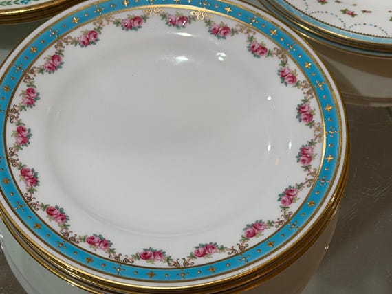 Turquoise Copeland China Dessert Plates: Hand-Painted Pink Rose Swags, Gilded Rims 1890
