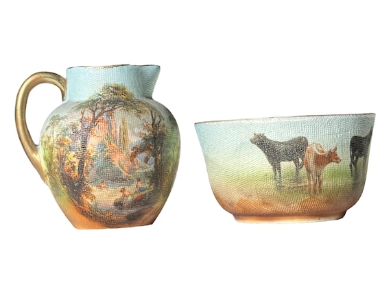 2Pc Rare Antique Bavarian Pitcher and Sugar Bowl w Textured Body, Hand Painted Scenes of  Cows, Gilded Handle, Wedding Gift, C 1902 1957
