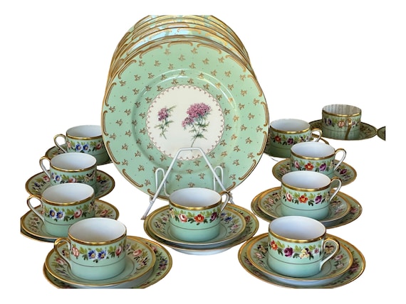 26Pc Assembled Mint Green Dinnerware Service for 8, Royal Worcester Dinner Plates, 9 Teacup Sets,  Hand Painted Florals Gilded Accents C1931