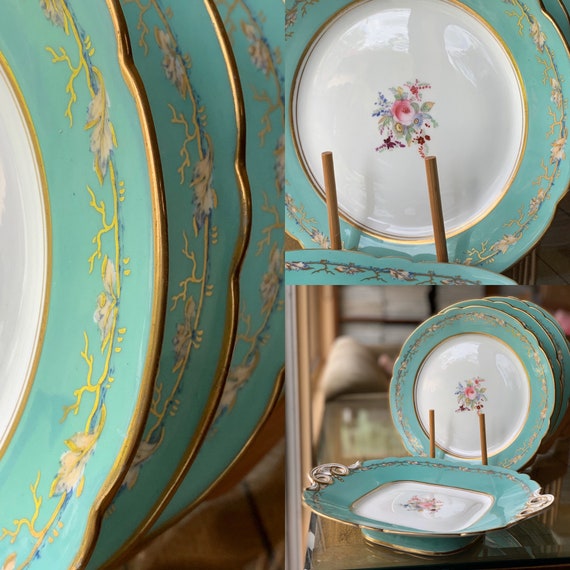 Antique Samuel Alcock Botanical Dessert Plate Set with Aqua Border