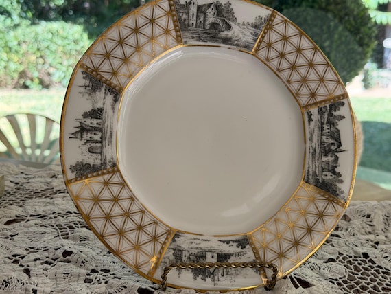 Antique French Limoges Plate: Hand-Painted Landscape Scenes, Gilded Rim