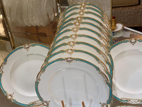 1850 Minton Aqua Dinner Plates: Embossed Neoclassic Gilt Scalloped Rims