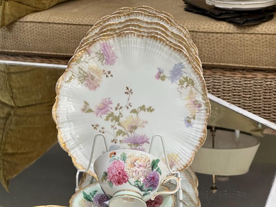 Antique French Limoges Gilt Trim Floral Dessert Plate Set: Soft Pastel Colors Shell Molded Rims