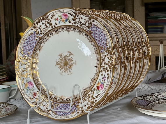 Antique 1800s English Gilt Dinner Plates: Embossed Medallion Pink Roses Scalloped Rims