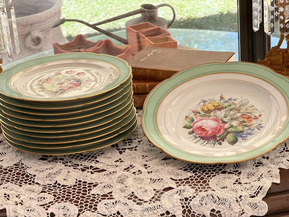 Antique Green Old Paris China Set: Hand-Painted Floral Dessert Plates 1840-1889