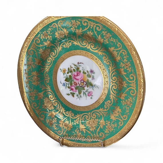 Vintage Crown Staffordshire Dinner Plates:  Embossed Gilded Border with Green Accents