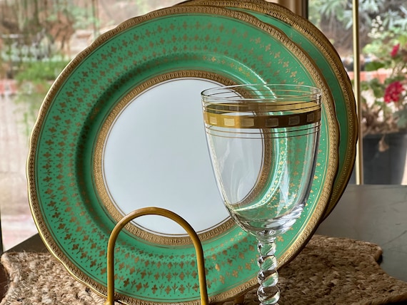 Vintage Aynsley Green Dinner Plates: Gold-Encrusted Border- Scalloped Heirloom Collection Piece