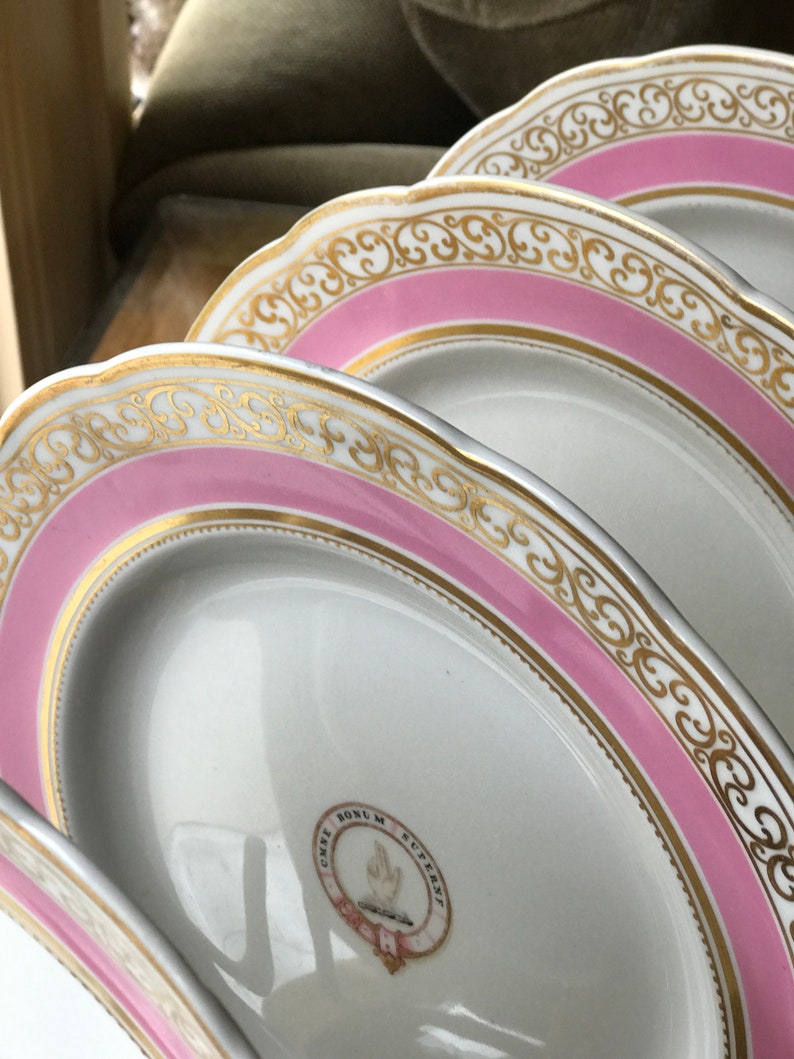 4 Rare Antique Pink Dinner Plates W Armorial Crest Etsy