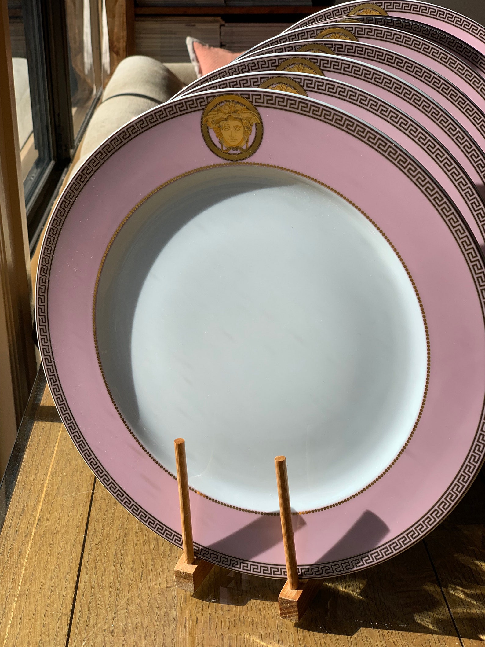 7 Pink Versace Dinner Plates Medusa Medallion Greek Key Etsy