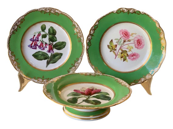 Antique Royal Worcester Green Botanical Dessert Set with Gilt Trim
