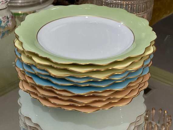 Jean Louis Coquet Limoges Dinner Plates: Multi Colored Borders  Gold Scalloped  Rims French Porcelain