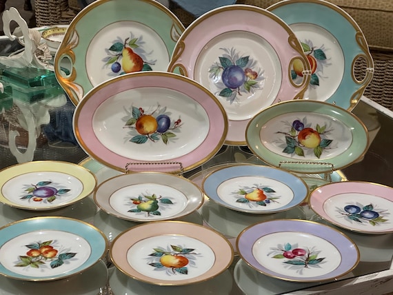 Vintage Haviland Limoges China Set, Hand Painted Fruit Dessert Plates and Serving Circa 1876 1879