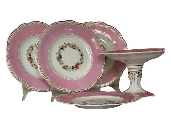 Antique Pink Grainger Worcester Dessert Set, 4 Plates, One Cake Stand w Hand Painted Florals Scalloped Gilded Rims, Impressed Mark, C 1800s