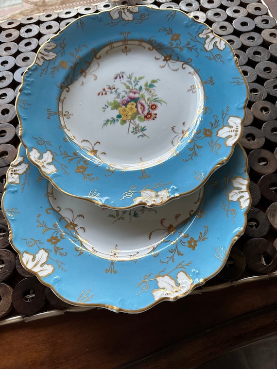 Rare Pr Antique Coalport Botanical Dessert Plates w Hand Painted Florals, Gilded Scalloped Rims, Unique Wedding Gift, Early 19th Century
