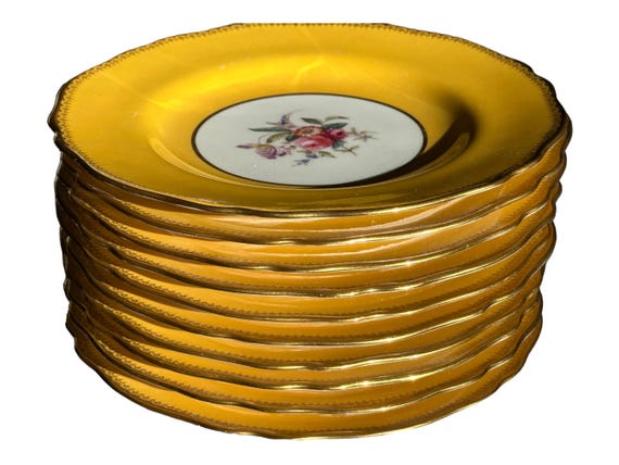 Rare 1916 Copeland Spode Butterscotch Yellow Dessert Plates Hand-painted Florals and Gilt Embellishments